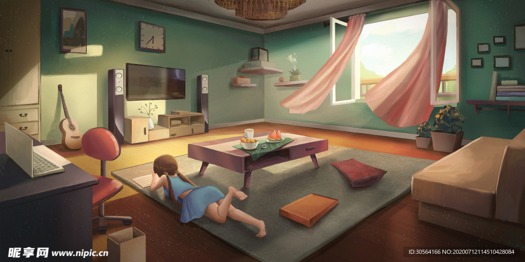 夏季人物女性房间插画卡通素材