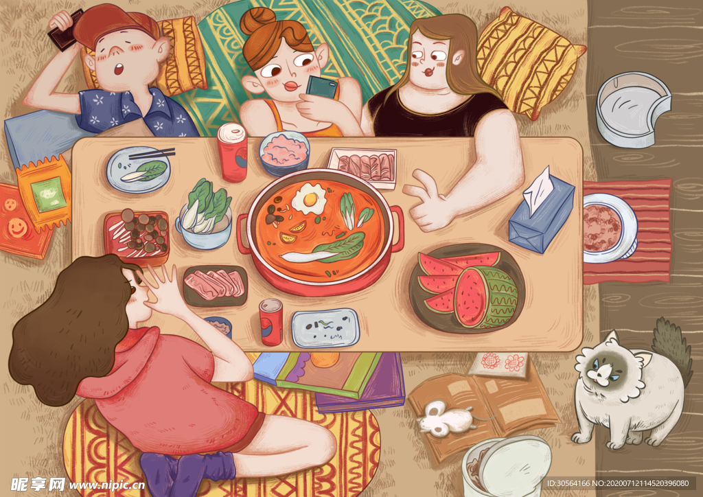 夏季团聚人物聚餐插画卡通素材