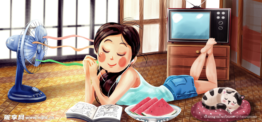 夏季少女人物清新插画卡通素材