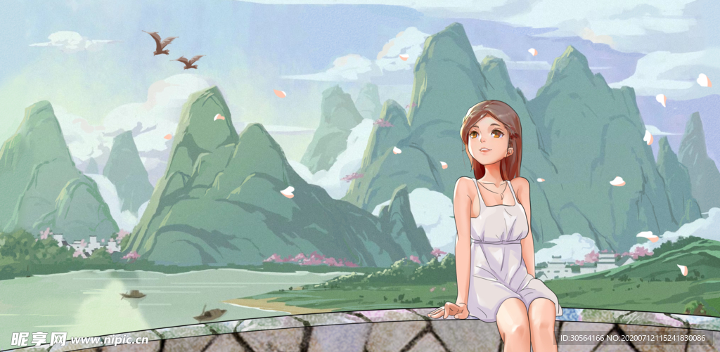 夏季少女人物清新插画卡通素材