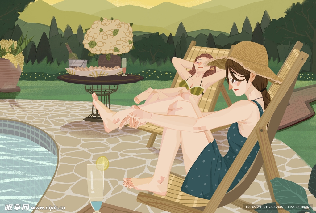 夏季泳池少女人物清新海报素材