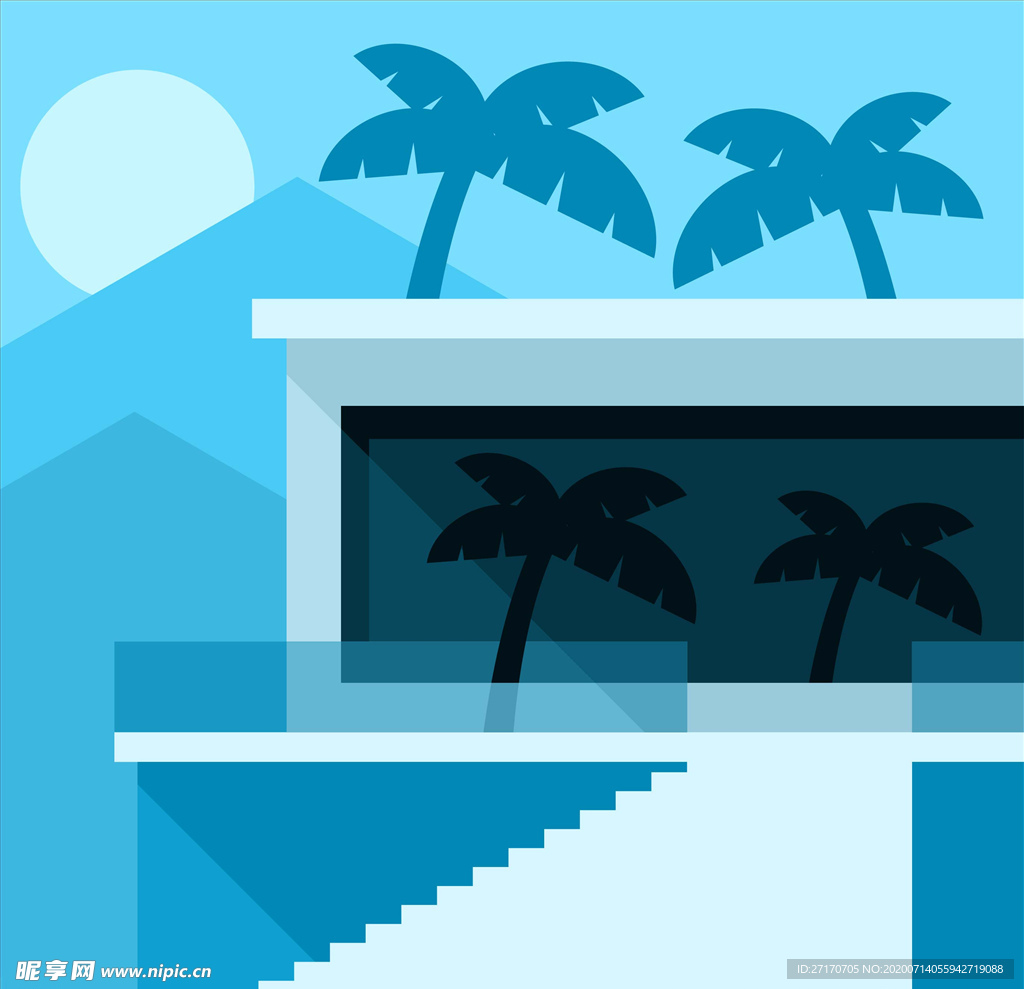 夏日蓝色海边别墅插画