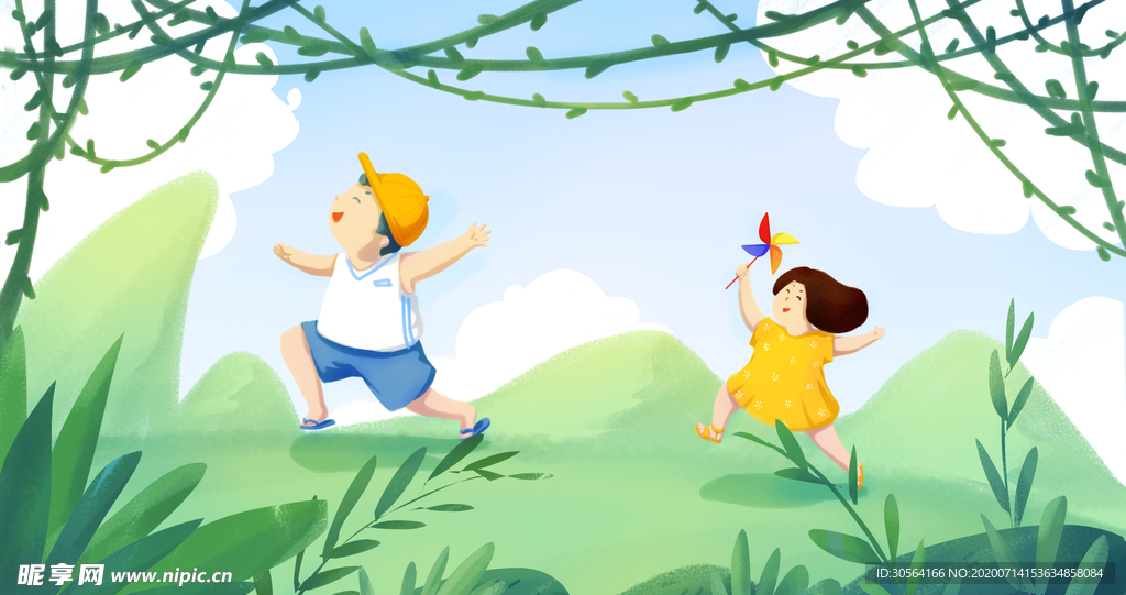 户外郊游儿童清新插画海报素材