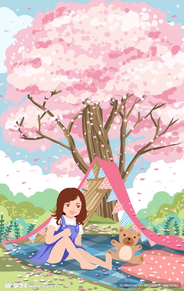 夏季人物女性樱花树插画素材