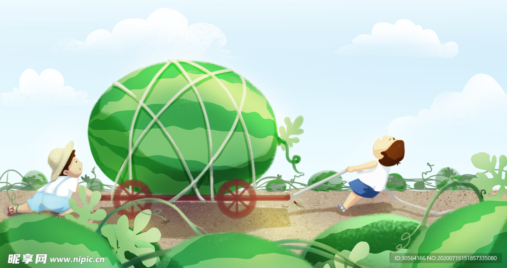 采摘西瓜儿童乐趣卡通插画素材