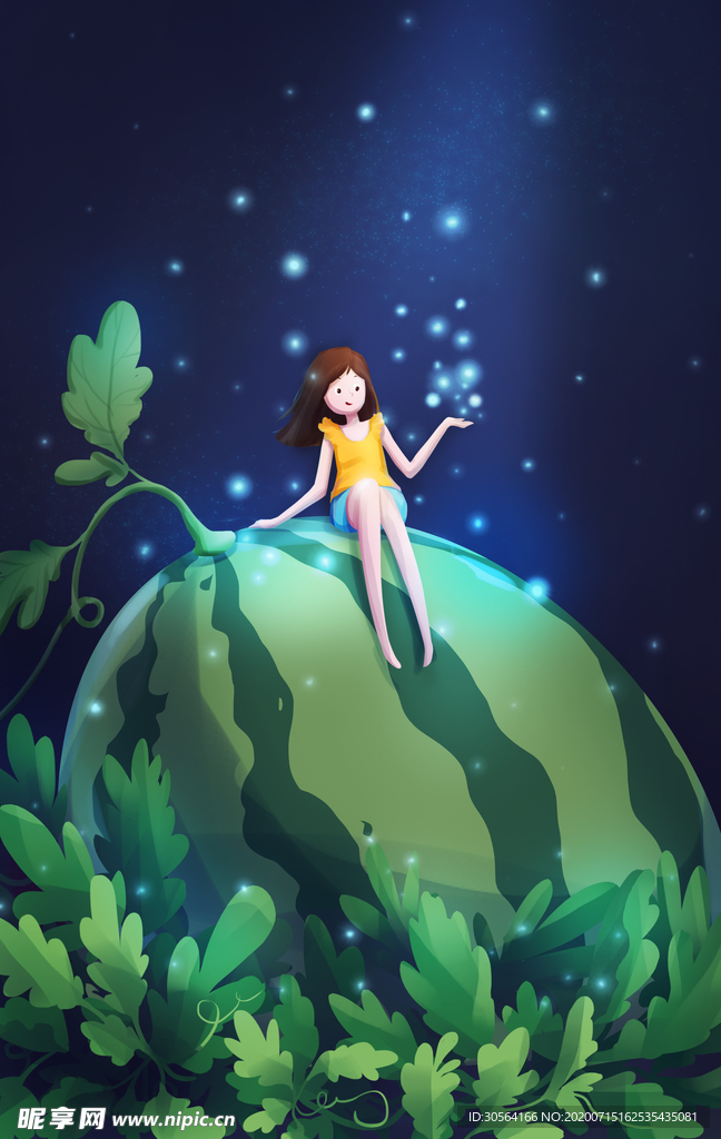 夏季人物清新西瓜插画卡通素材