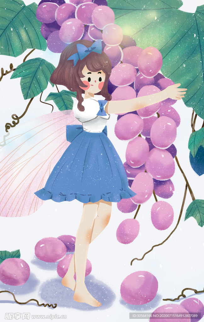 紫色葡萄少女人物插画卡通素材