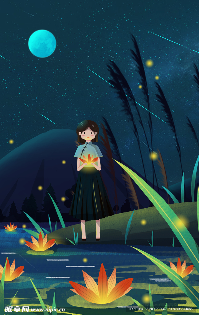 夏季河流少女人物插画卡通素材