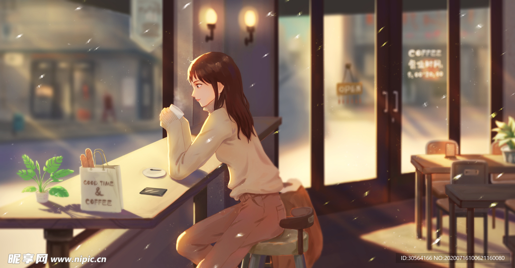 人物女性咖啡馆清新插画卡通背景