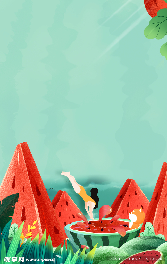 暑期夏季西瓜插画卡通背景素材