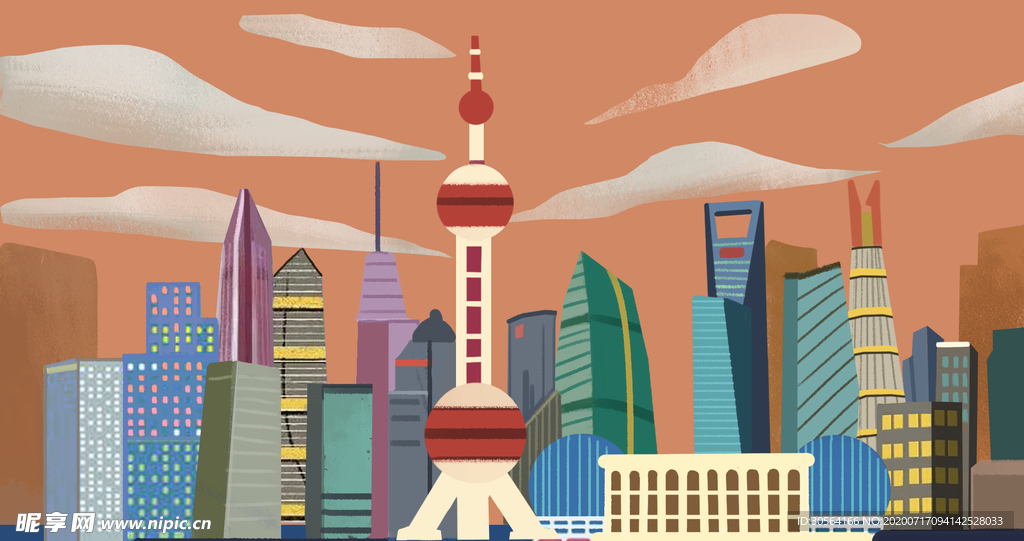 上海城市地标插画卡通背景素材