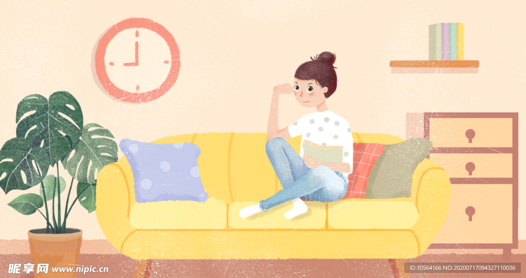 宅人物休闲插画卡通背景素材