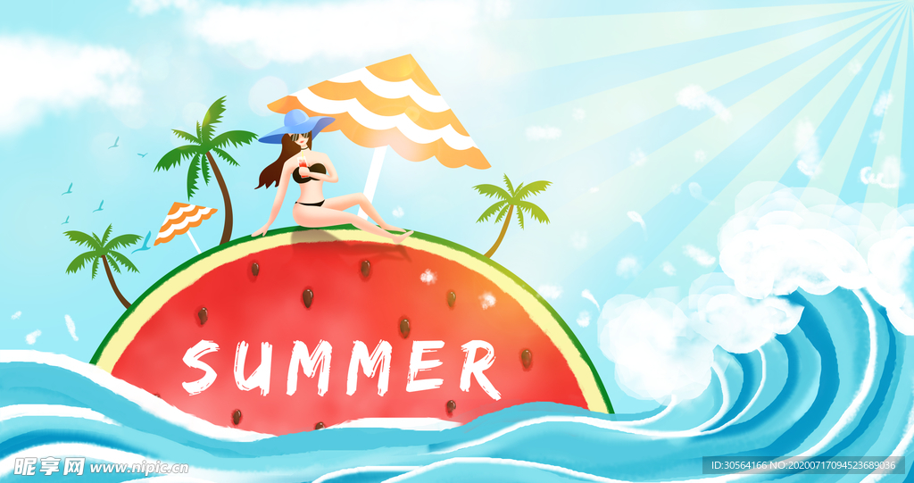 夏季波浪波纹插画卡通背景素材