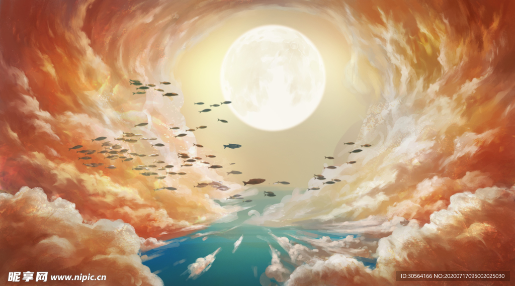 天空云彩插画卡通背景素材