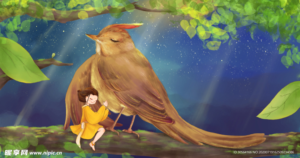 森林小鸟人物清新插画卡通素材