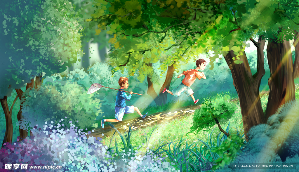 森林探险人物清新插画卡通素材