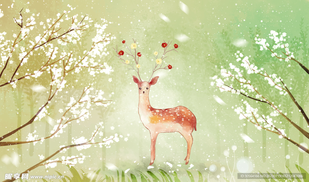 小鹿森林清新插画卡通素材