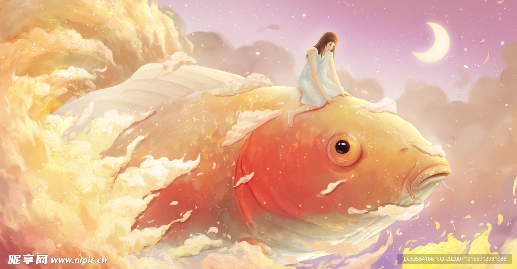 锦鲤人物女性治愈插画卡通素材