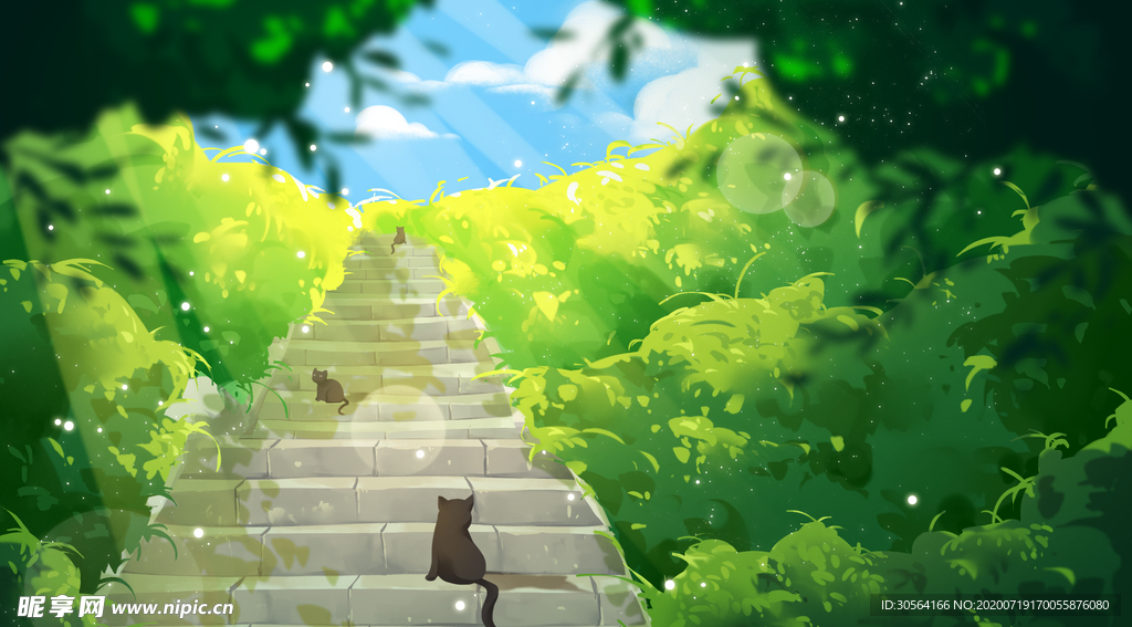 台阶夏季小猫清新插画卡通素材