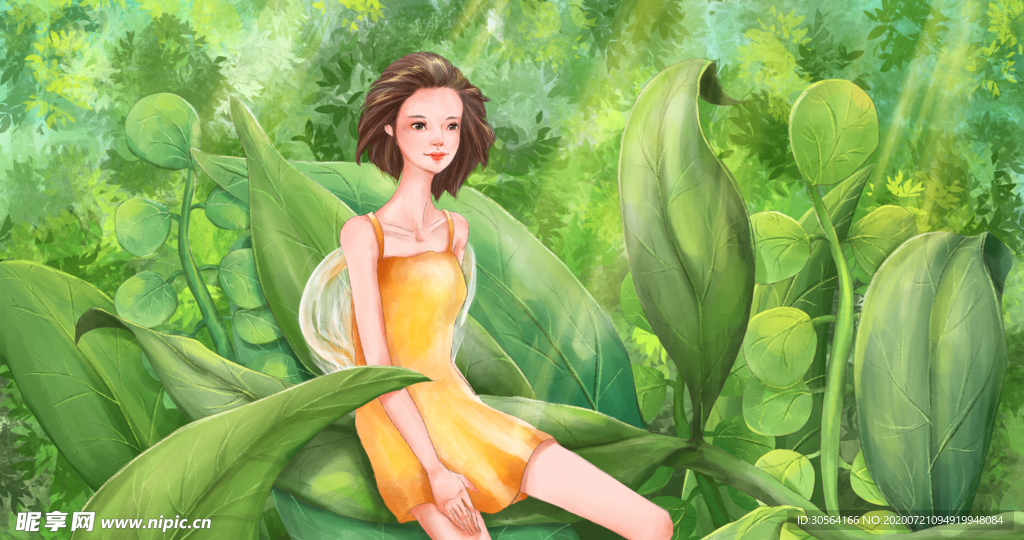 夏季人物女性清新树叶背景素材