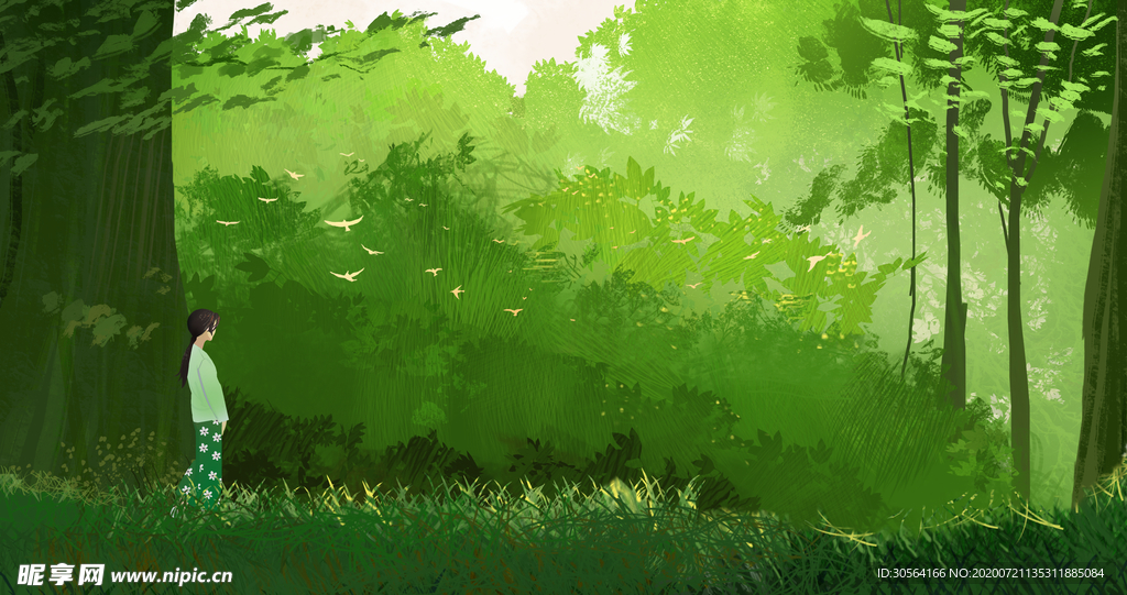 森林人物夏季清新插画卡通素材