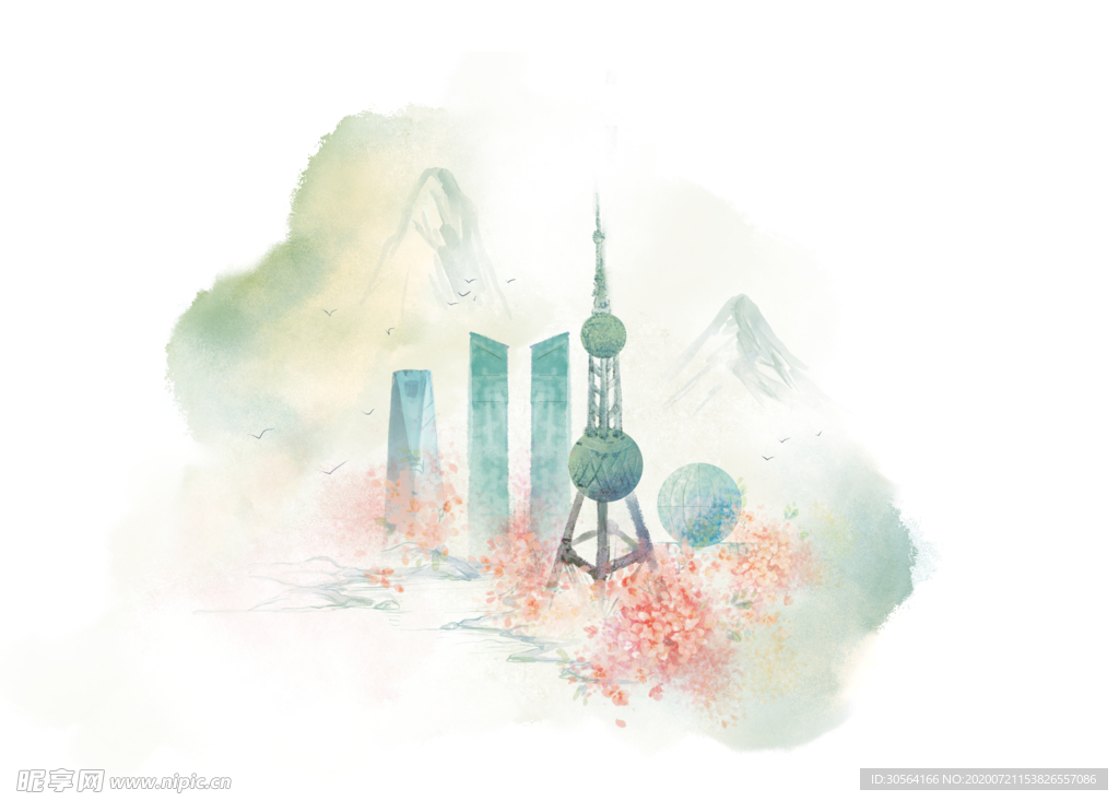 城市建筑清新插画背景素材