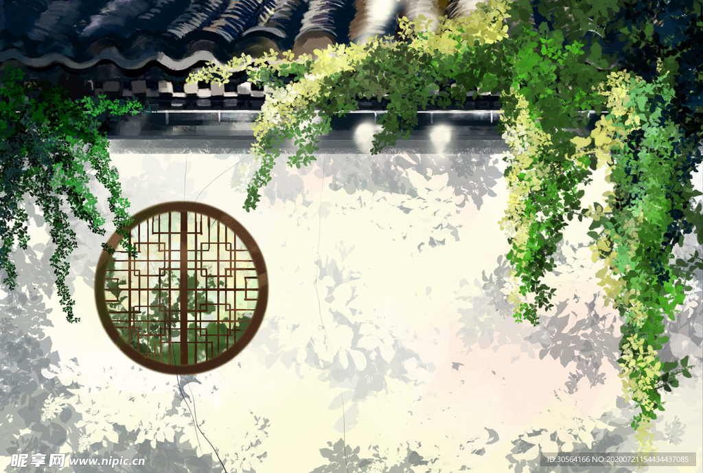 园林夏季清新插画卡通背景素材