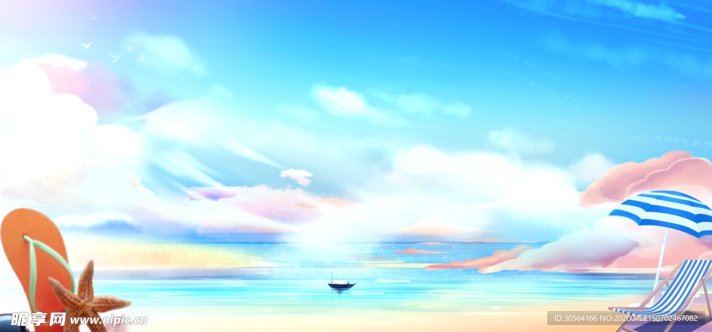 夏季沙滩清新插画卡通背景素材