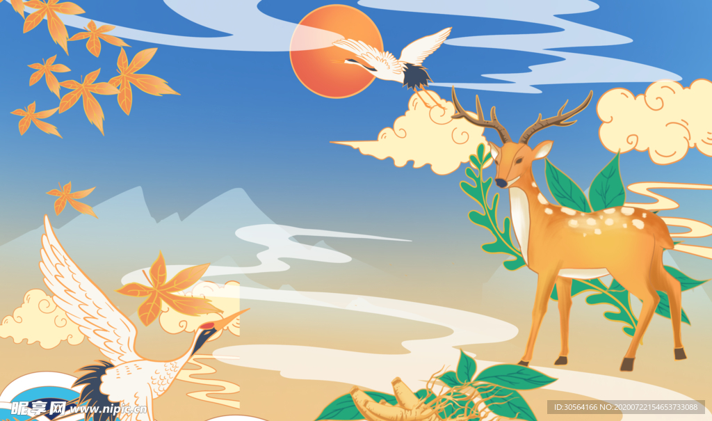 仙鹤小鹿国风插画卡通背景素材