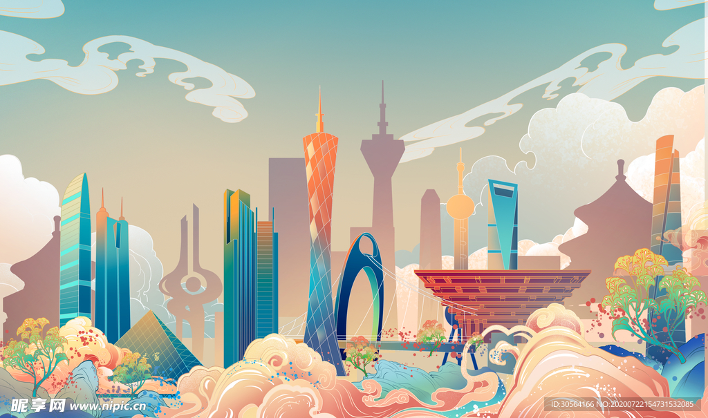 城市建筑国风插画卡通背景素材