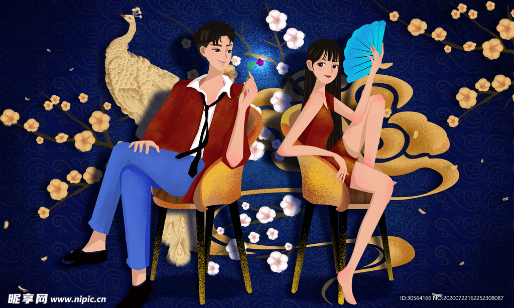 人物情侣国潮插画卡通背景素材