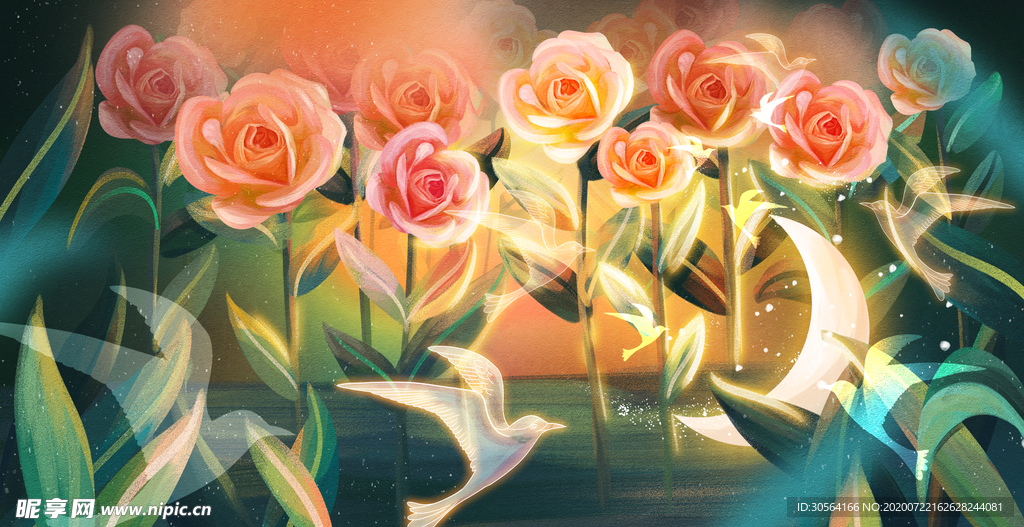 飞鸟花朵清新插画卡通背景素材