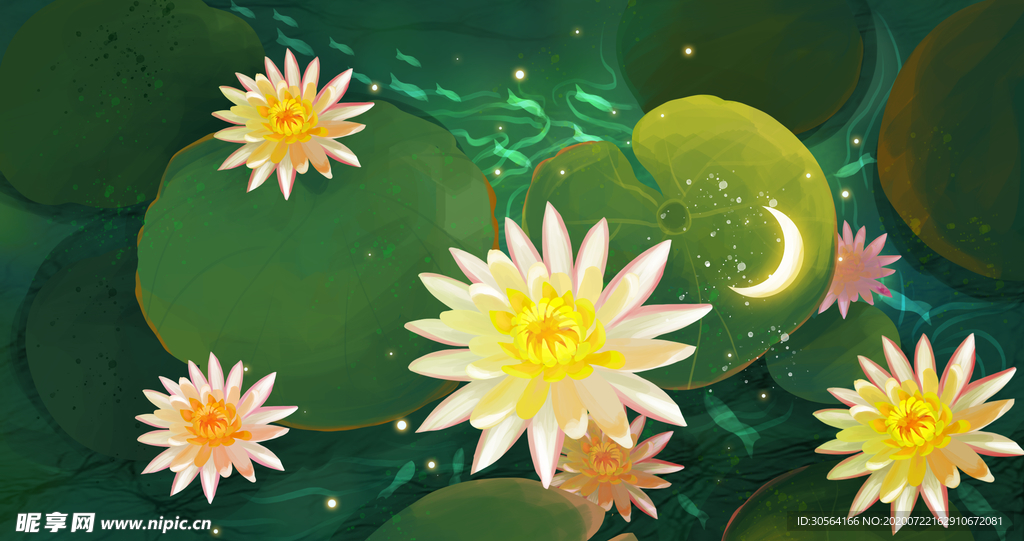 菊花荷叶清新插画卡通背景素材