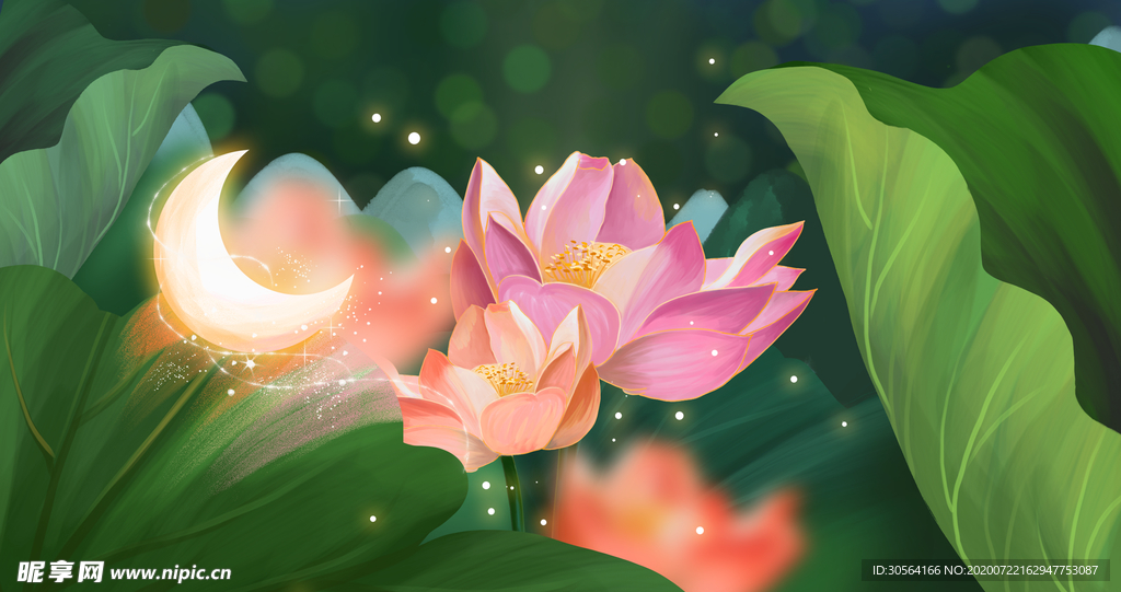 荷花荷叶清新插画卡通背景素材