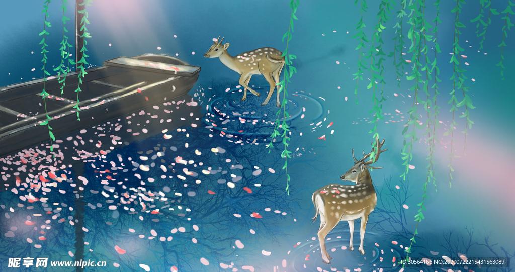 小鹿小舟清新插画卡通背景素材