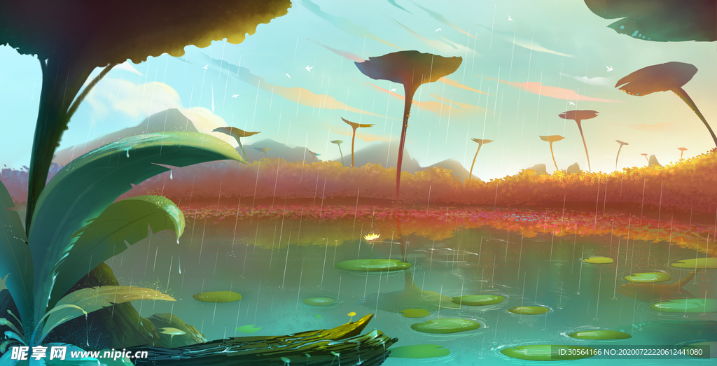 荷叶池塘清新插画卡通背景素材