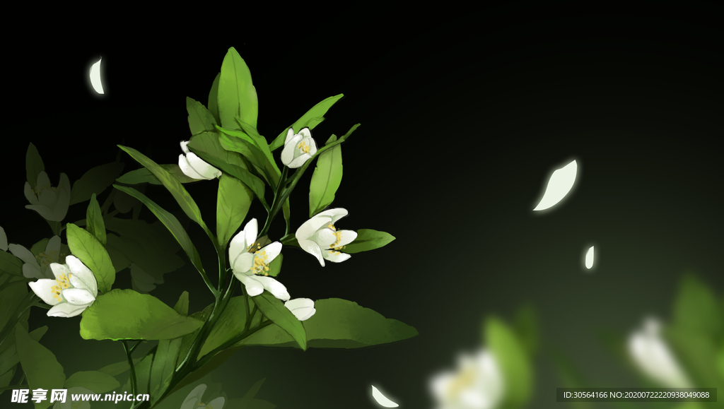 茉莉花飞舞清新插画卡通背景素材