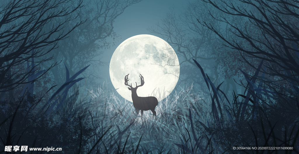黑夜月亮小鹿插画卡通背景素材