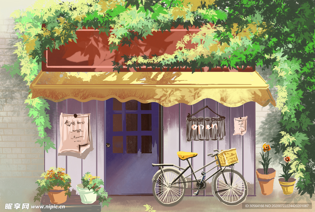 店面小屋国风插画卡通背景素材