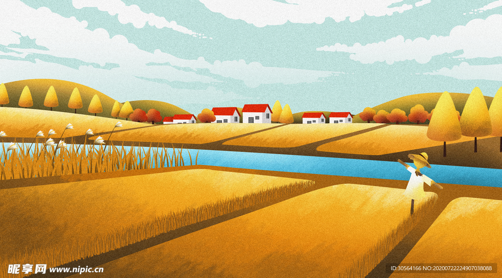 稻田清新秋季插画卡通背景素材