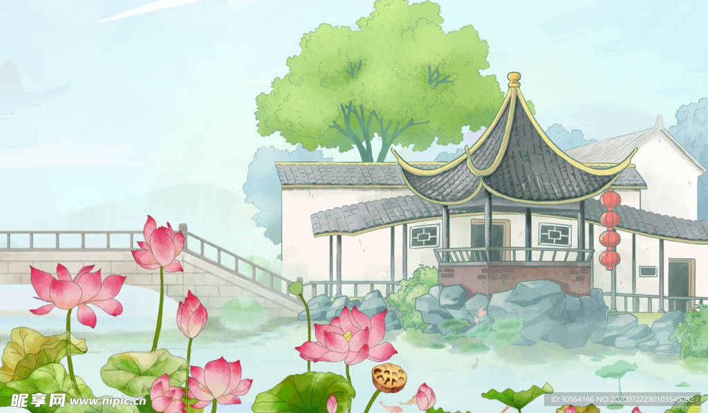 凉亭山水清新插画卡通背景素材