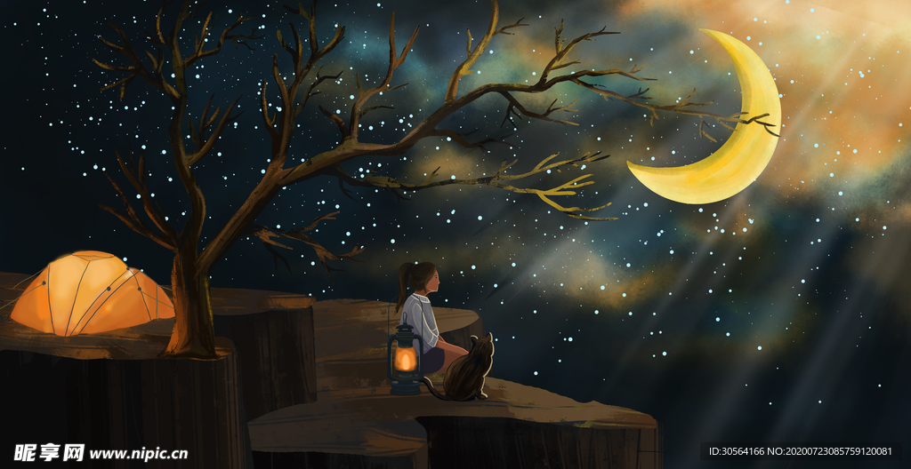月亮夜晚人物女孩插画背景素材