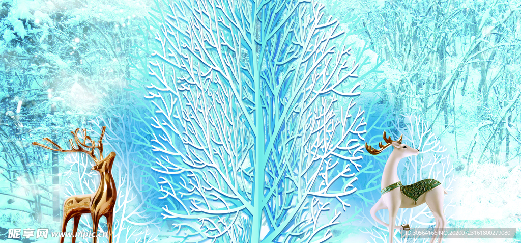 小鹿金色雪季墙贴壁画背景素材