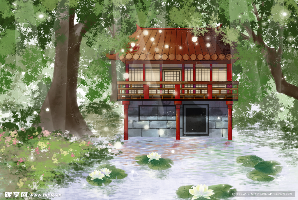 凉亭清新传统复古插画背景素材