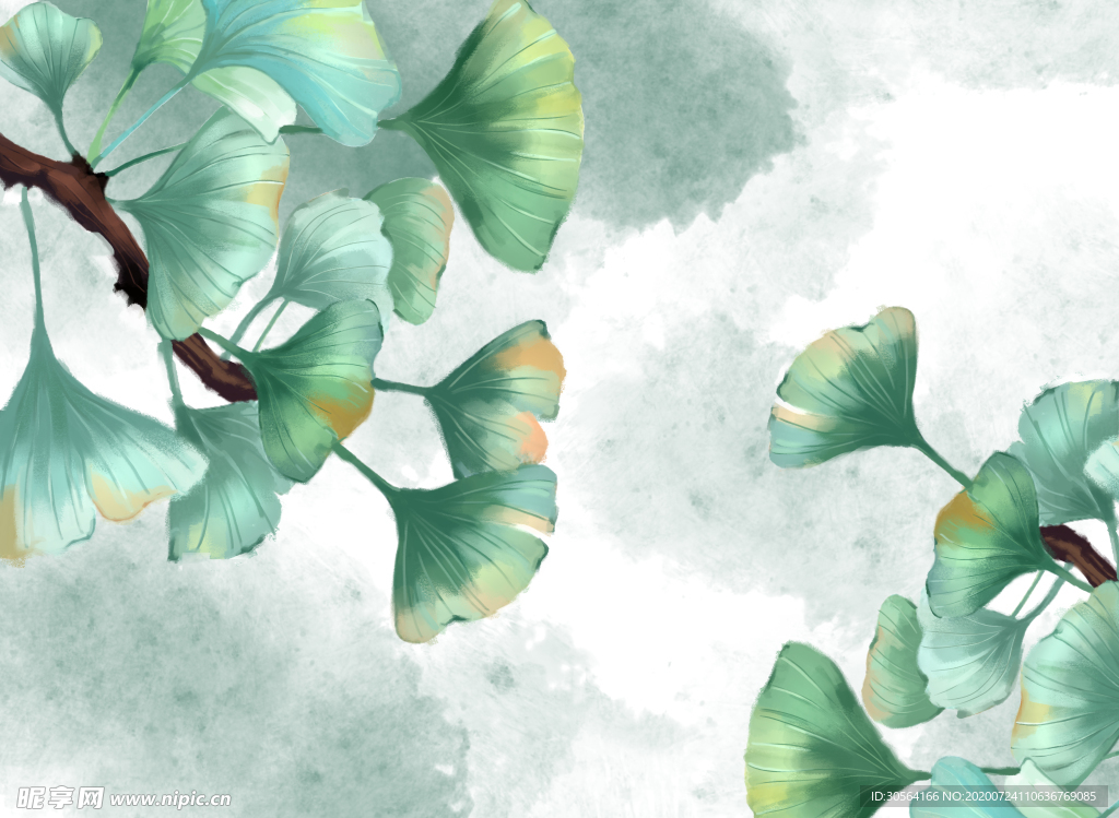 银杏水彩传统国风插画素材