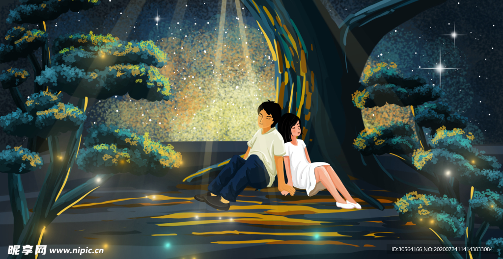 情侣人物清新森林插画背景素材