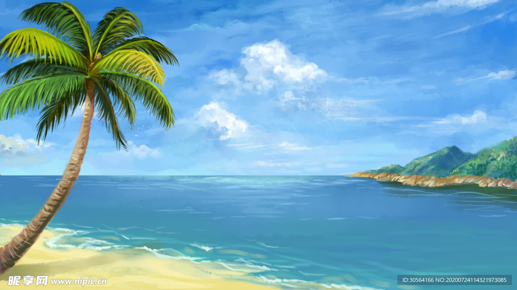 海洋沙滩清新传统国风插画素材