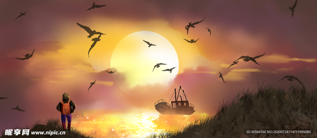 悬崖海边人物插画背景素材