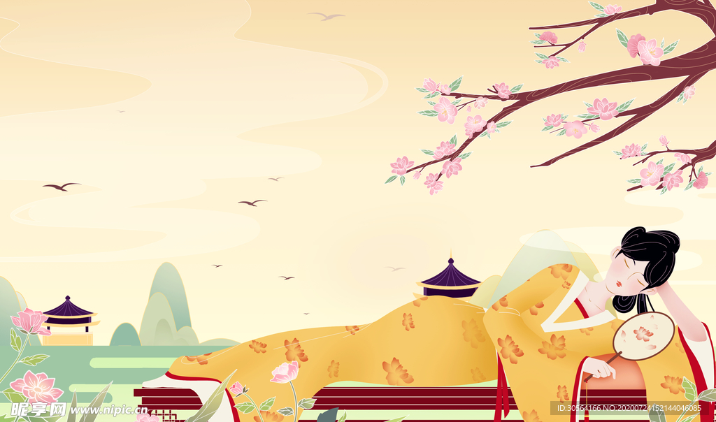 人物女性国风古风插画背景素材