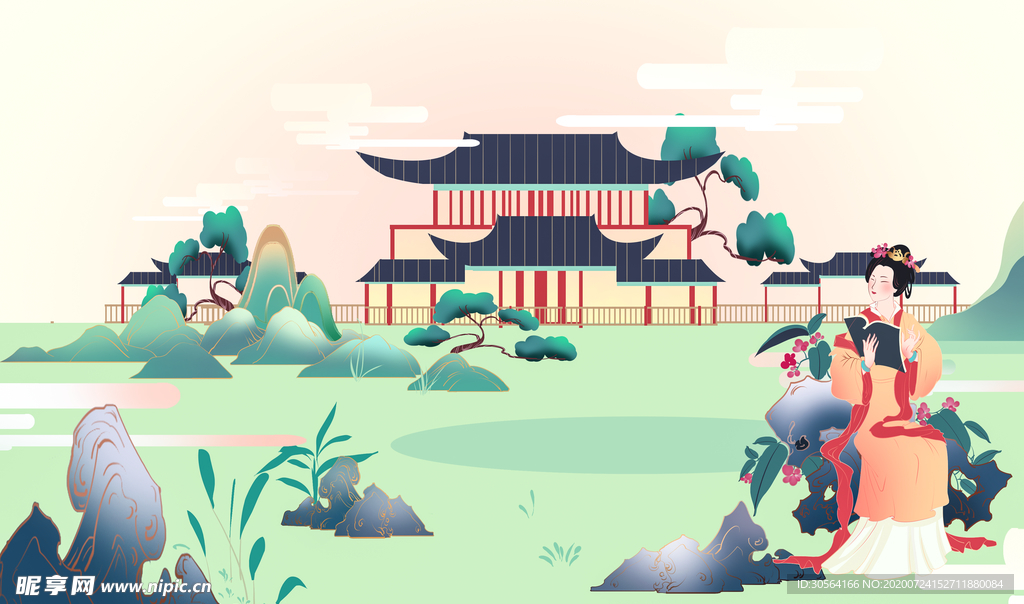 人物女性国风古风插画背景素材